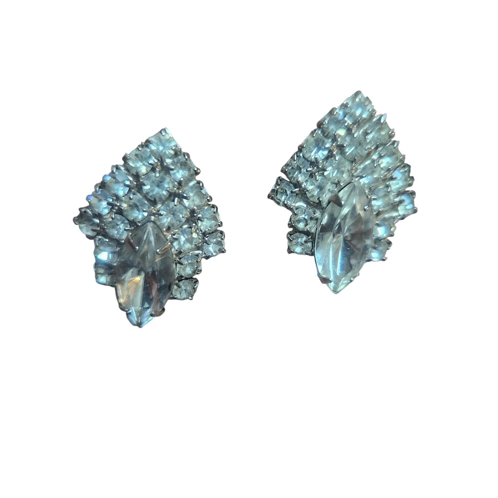 Vintage Rhinestone Cluster Stud‎ Earrings Marquise Crystal Silver Tone Post Back